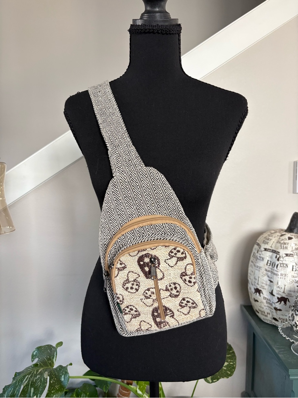 Woven Chevron Sling Satchel in Black and Cream with Tan Accents